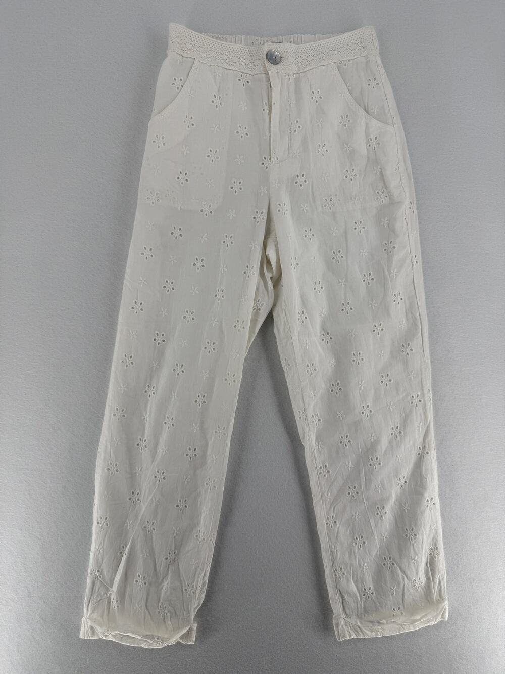 Ghanda Womens Size 6 White Eyelet Embroidered Cotton Pants Lace Waist Boho